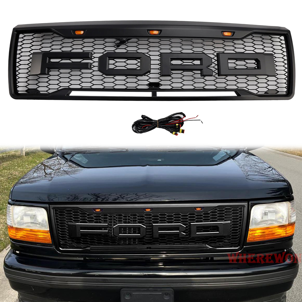 Front Grille For 1992-1996 Ford F150 Bronco Grill With LED Light & Letters Matte Black