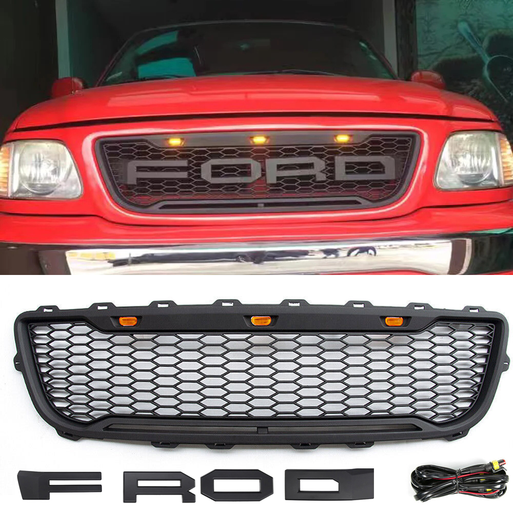 For 1999-2003 Ford F150 Grill Raptor Style Front Grille W/Letter Hood Mesh Matte Black