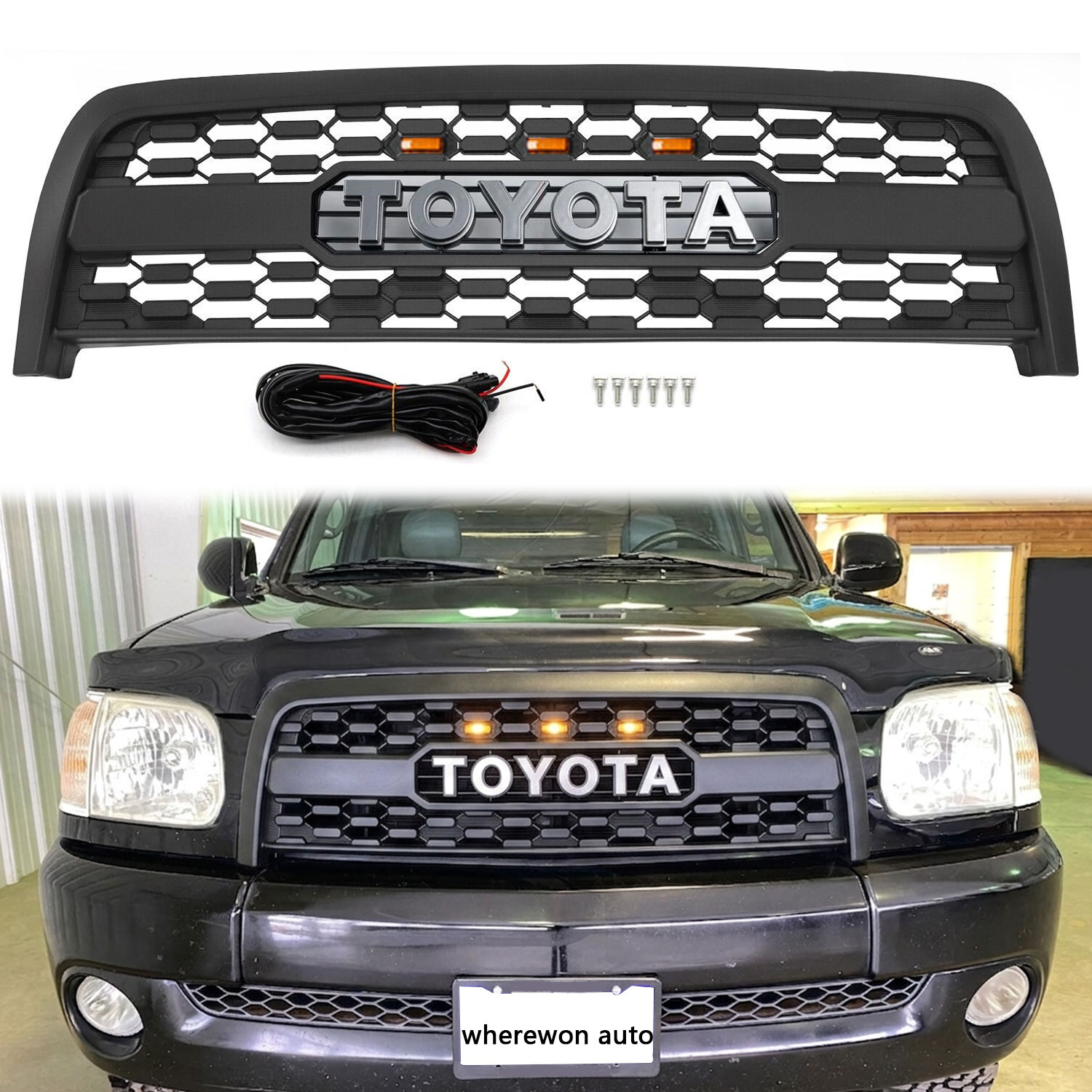 For 2003-2006 Toyota Tundra Front Grille Grill Mesh with LED Light Matte Black 