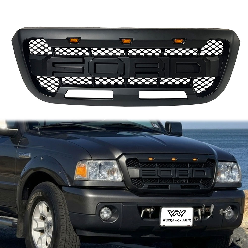 For Ford Ranger 2004-2011 Grill Raptor Style Front Grille Matte Black Mesh W/ LED Light