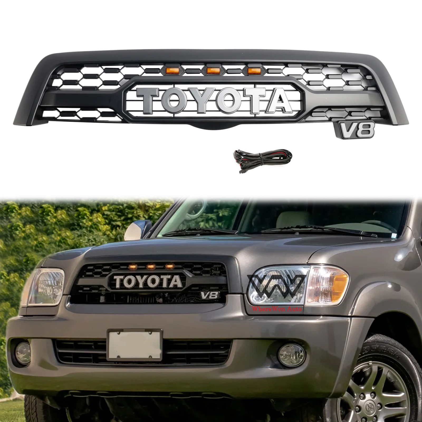 For 2005 2006 2007 Toyota Sequoia Front Grill Grille Matte Black Mesh With Letters & LED Lights
