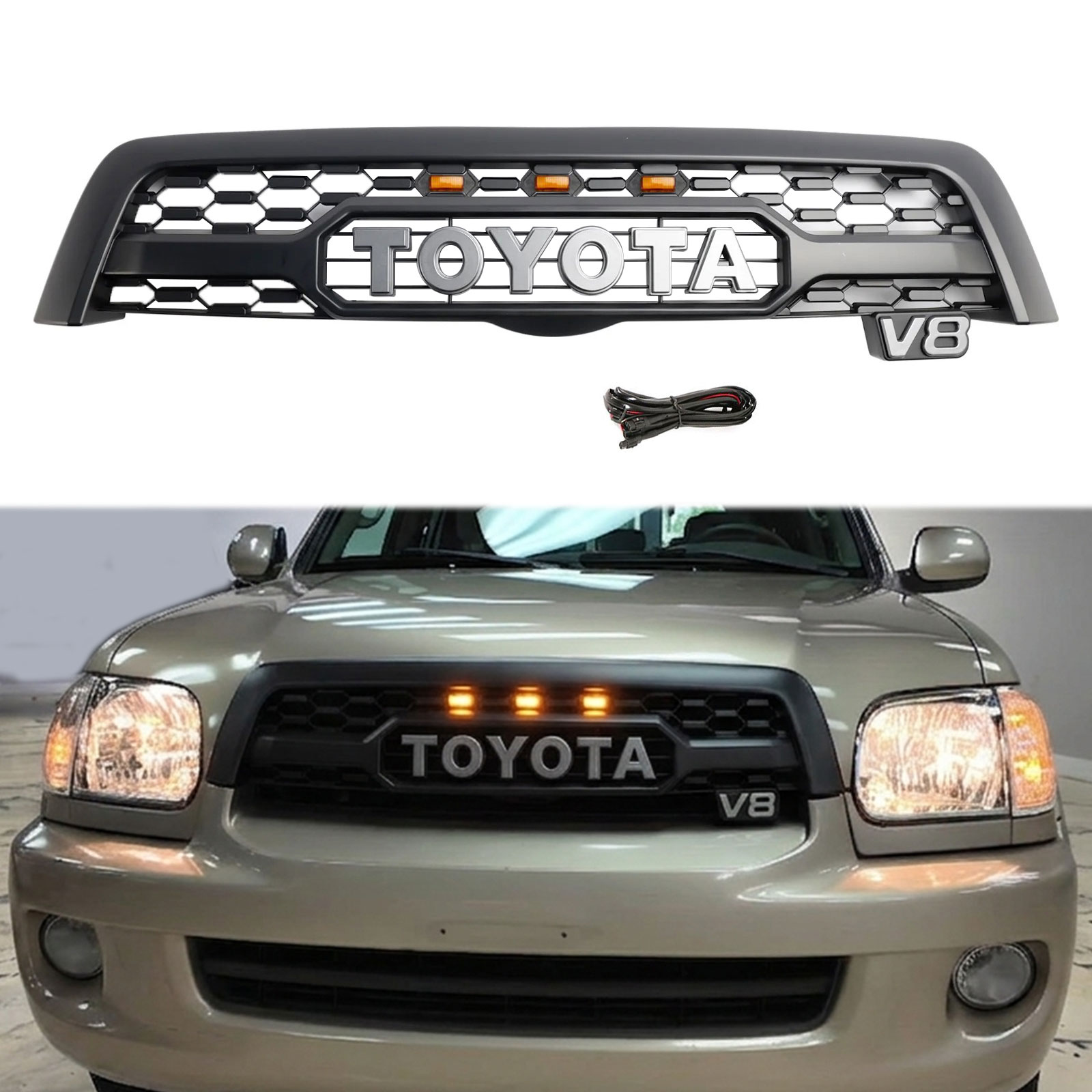 Toyota Sequoia 2005-2007 Grill TRO PRO Style Front Grille Matte Black Mesh W/ LED Light