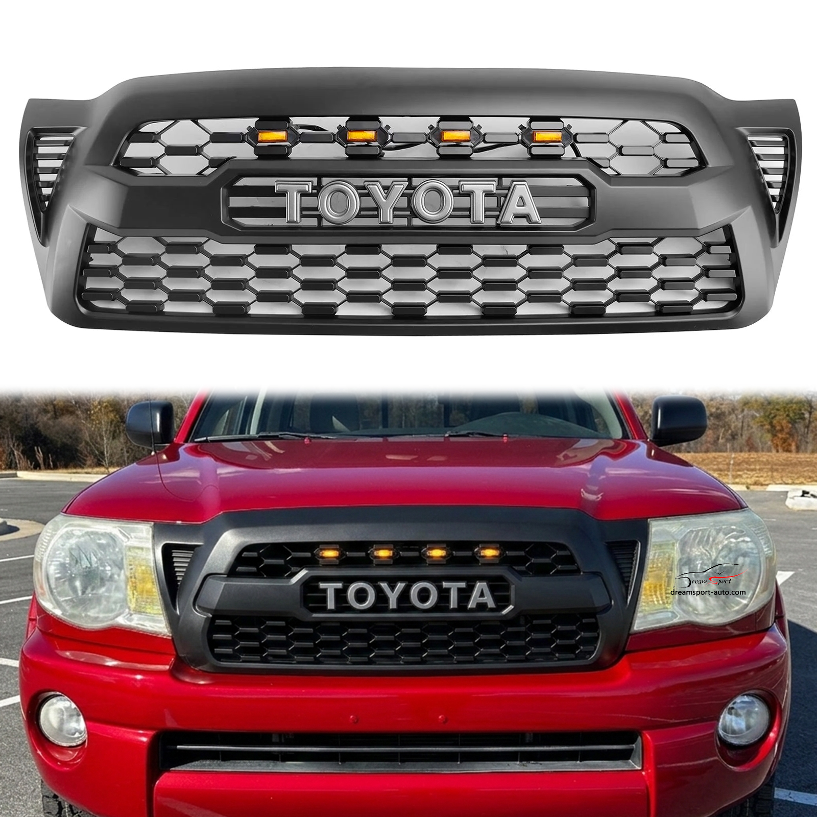 Front Grille For Toyota Tacoma 2005-2011 Grill Mesh w/LED Lights w/Letter Matte Black