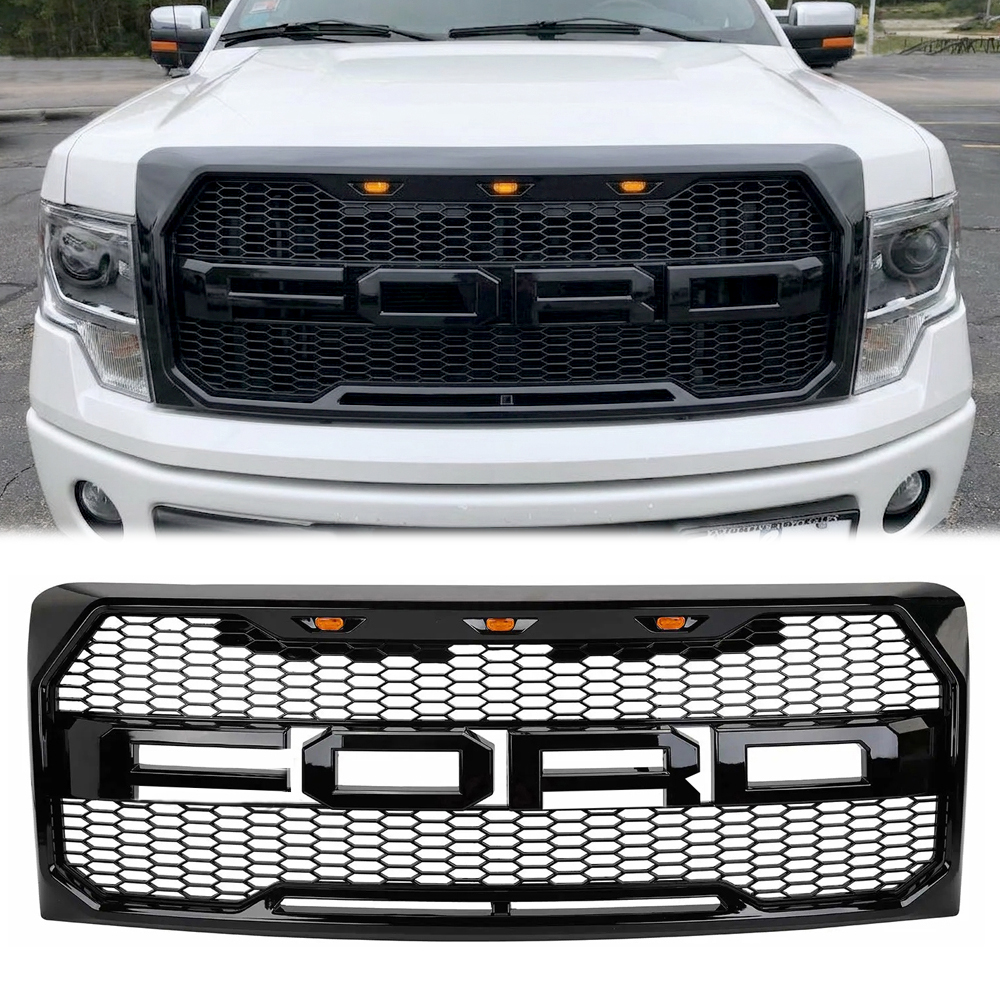 Front Grille For 2009-2014 Ford F150 Raptor Style Grill with Amber LED Light Glossy Black