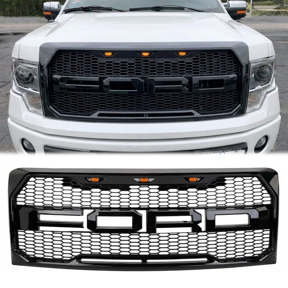 Front Grille For 2009-2014 Ford F150 Raptor Style Grill with Amber LED Light Glossy Black