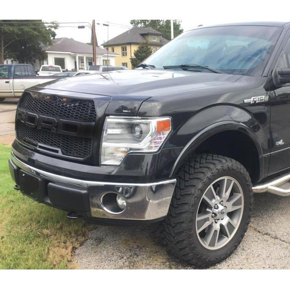 Front Grille For 2009-2014 Ford F150 Raptor Style Grill with Amber LED Light Glossy Black
