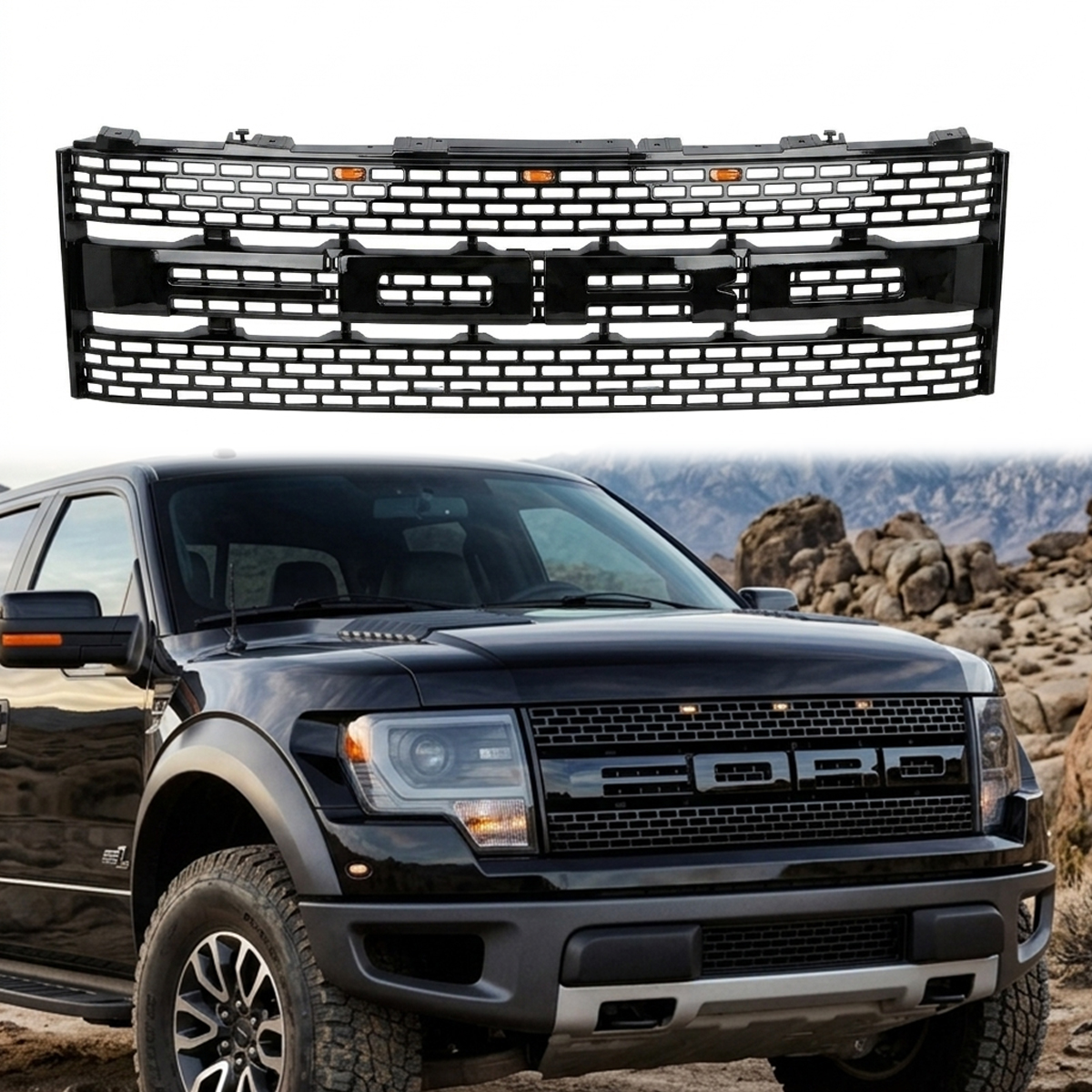 For 2010-2014 Ford F150 SVT Raptor Grill Gloss Black Front Grille Mesh with Amber LED Light