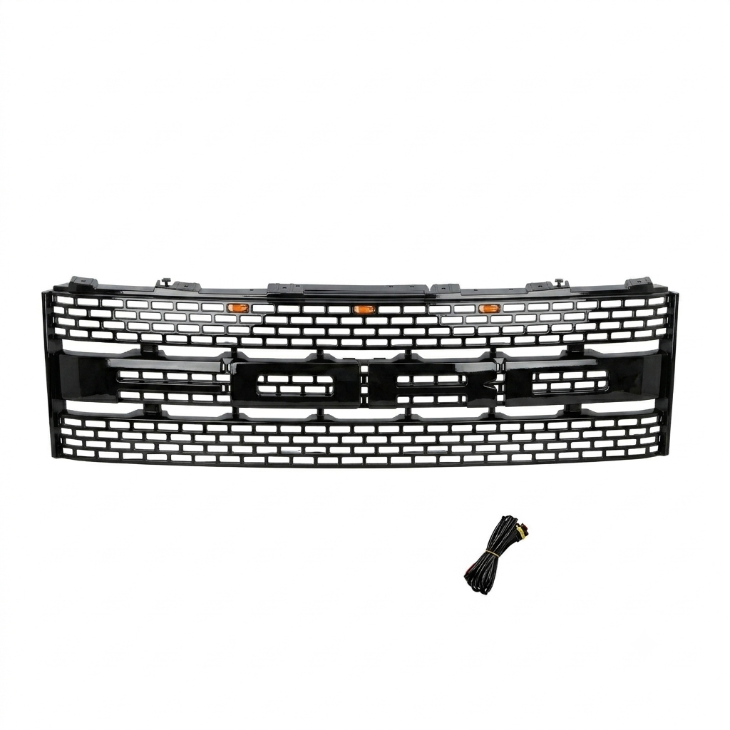For 2010-2014 Ford F150 SVT Raptor Grill Gloss Black Front Grille Mesh with Amber LED Light