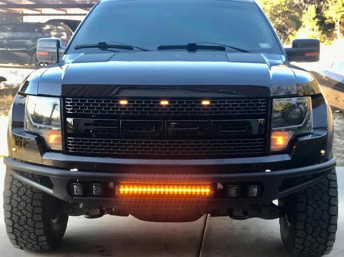 For 2010-2014 Ford F150 SVT Raptor Grill Gloss Black Front Grille Mesh with Amber LED Light