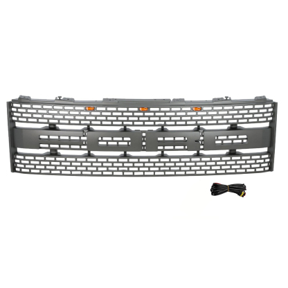 For 2010 2011 2012 2013 2014 Ford F150 SVT Raptor Grill Silver Gray Front Grille Mesh with Amber LED Light