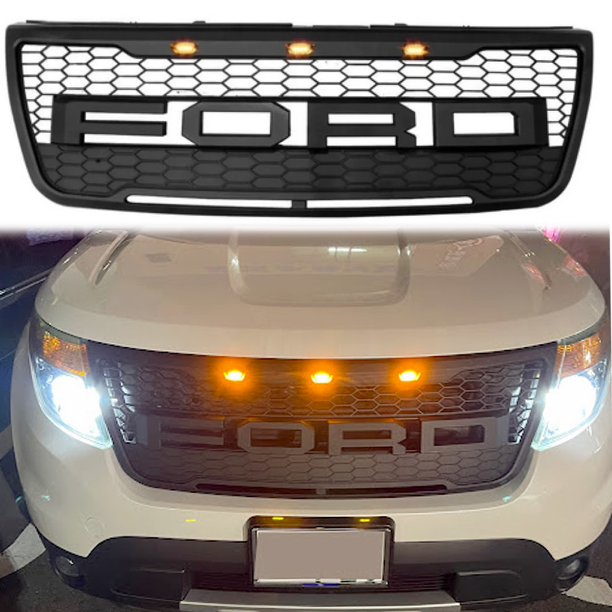 For Ford Explorer 2011-2015 Grill Front Grille With Amber LED Lights & Letter Matte Black