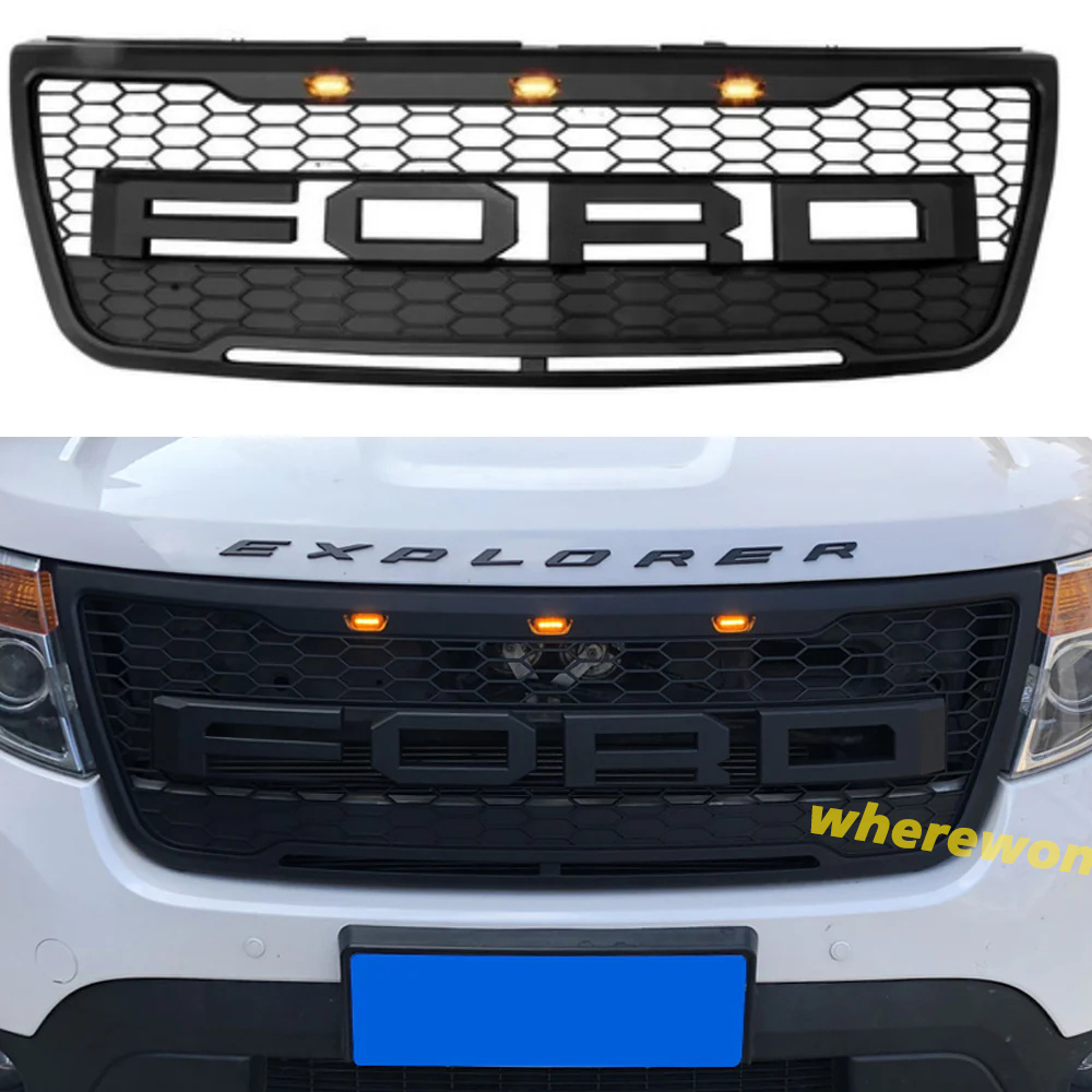 Front Bumper Grill For Ford Explorer 2011-2015 Grille W/ Letters & LED Lights Matte Black