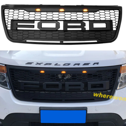 Front Bumper Grill For Ford Explorer 2011-2015 Grille W/ Letters & LED Lights Matte Black