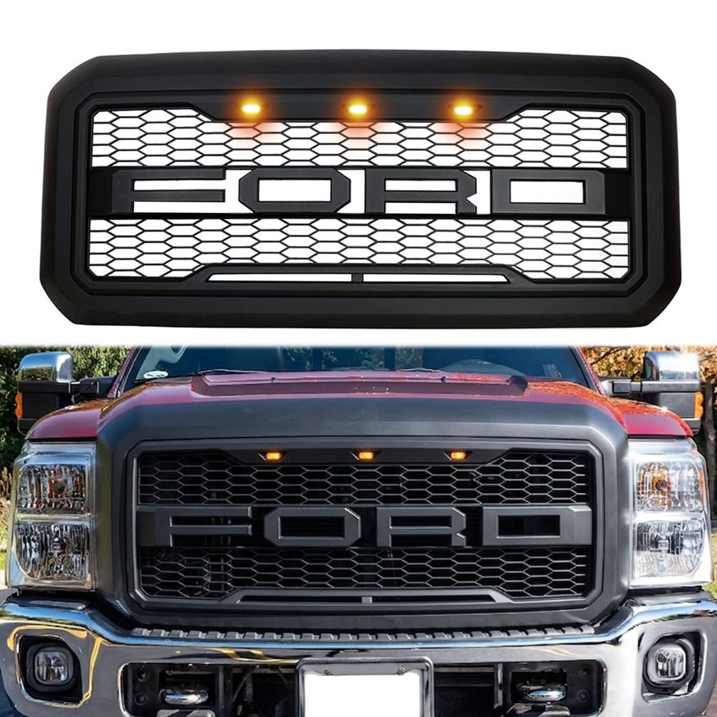 2011-2016 Ford F250 F350 F450 F550 Super Duty Grill Raptor Style Front Grille w/ Light