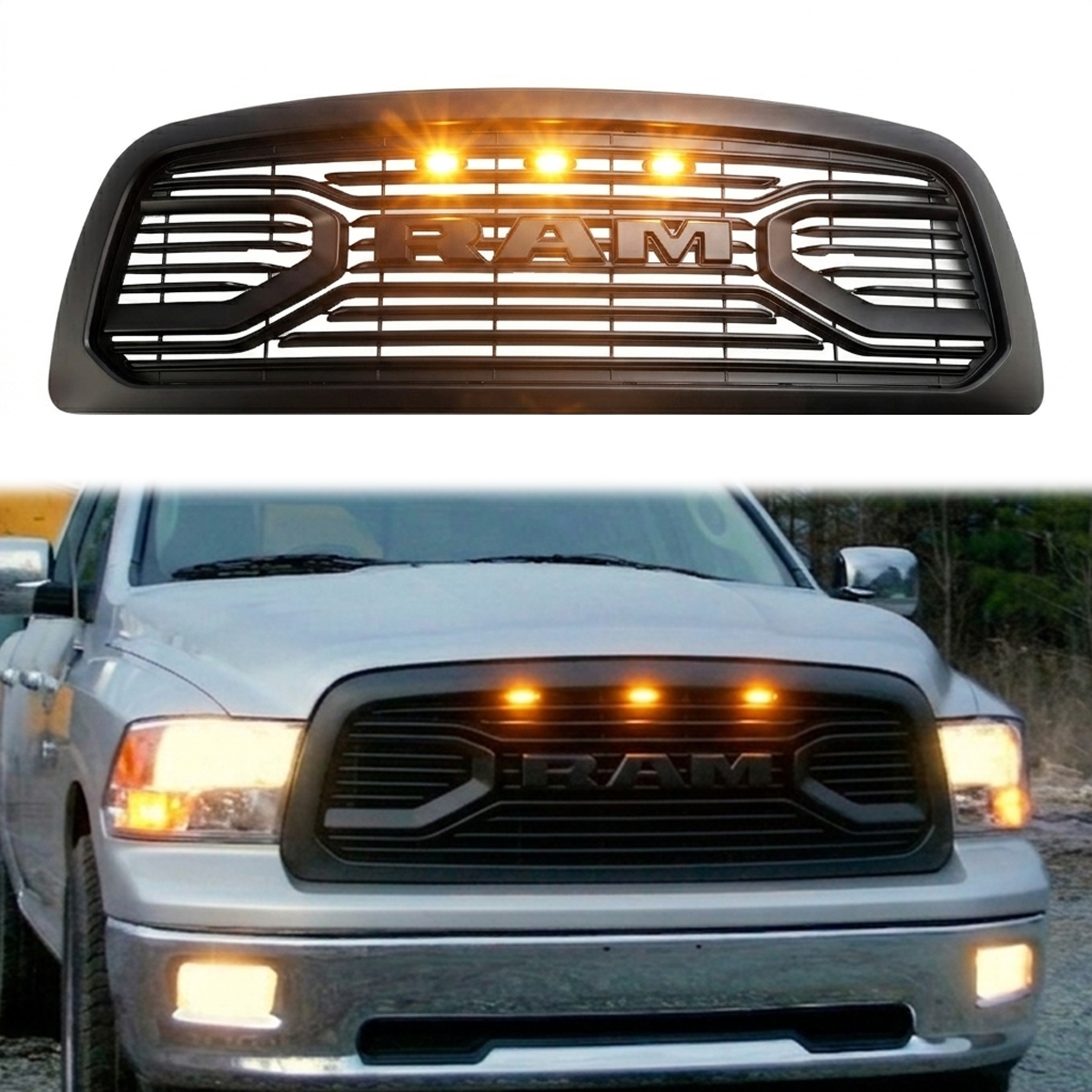 For 2009-2012 Dodge Ram 1500 Front Grille Big Horn Style Grill Matte Black with Letter &Light