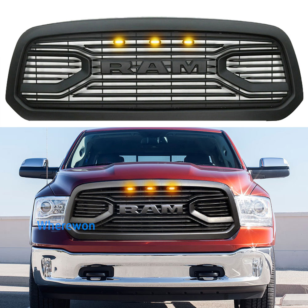 Big Horn Style Front Grille For 2013-2018 Dodge Ram 1500 Grill with LED Light Matte Black