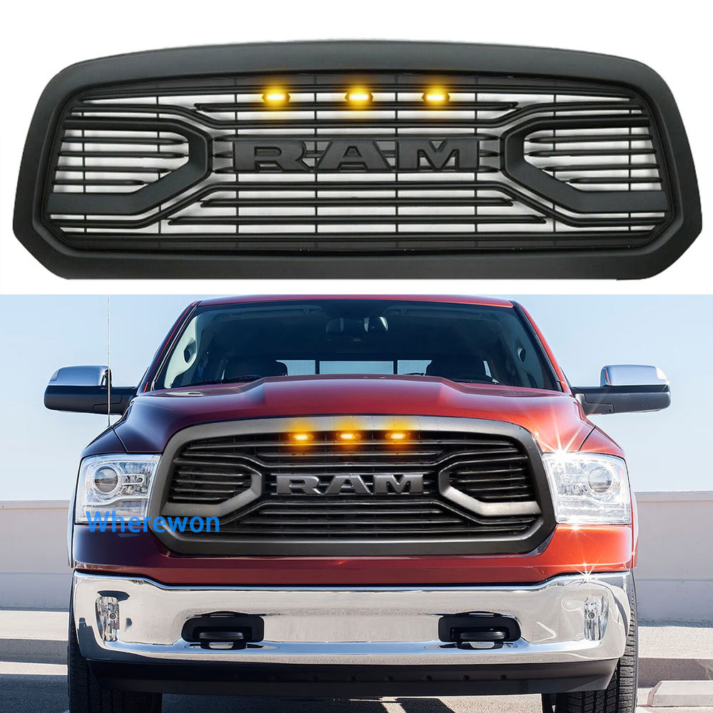 Big Horn Style Front Grille For 2013-2018 Dodge Ram 1500 Grill with LED Light Matte Black