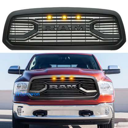 Big Horn Style Front Grille For 2013-2018 Dodge Ram 1500 Grill with LED Light Matte Black