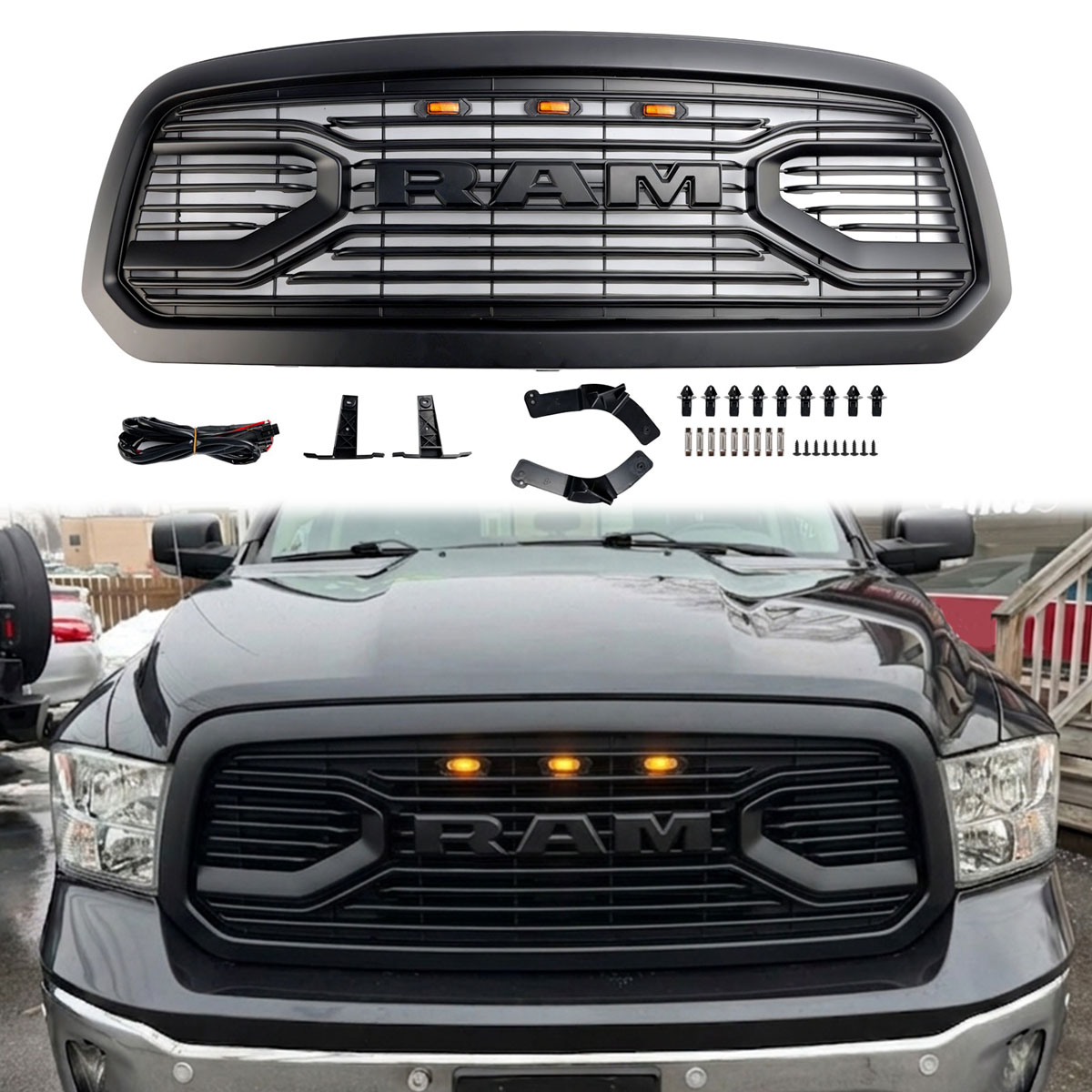 For 2013-2018 Dodge Ram 1500 Grill Big Horn Style Front Grille with LED Light Matte Black