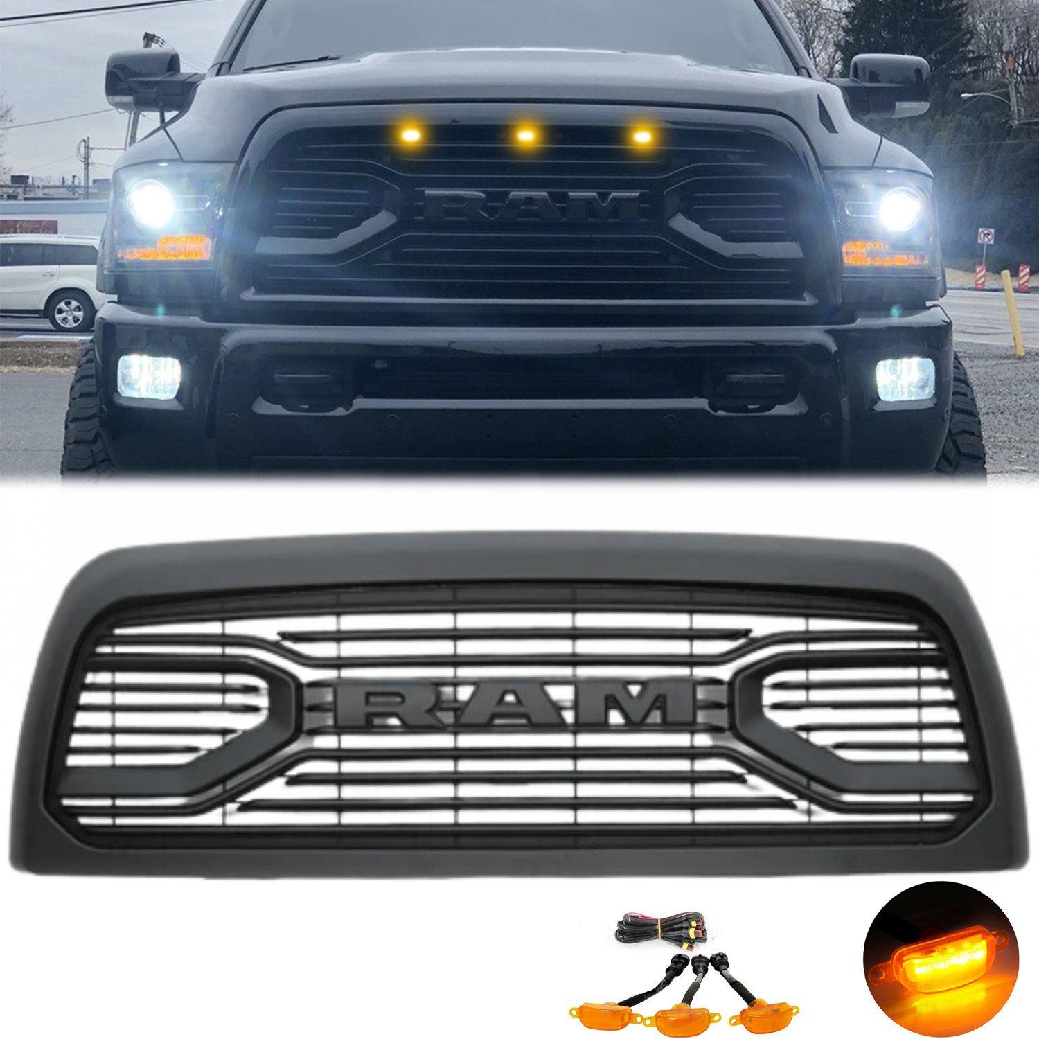 For 2013 2014 2015 2016 2017 2018 Dodge Ram 2500 3500 Grille Big Horn Style Front Grill with Led Light