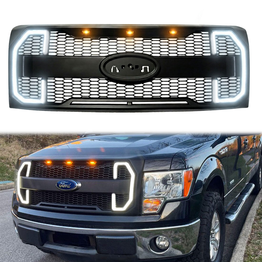 Front Raptor Style Grille For 2009-2014 Ford F150 Grill Mesh with LED Light