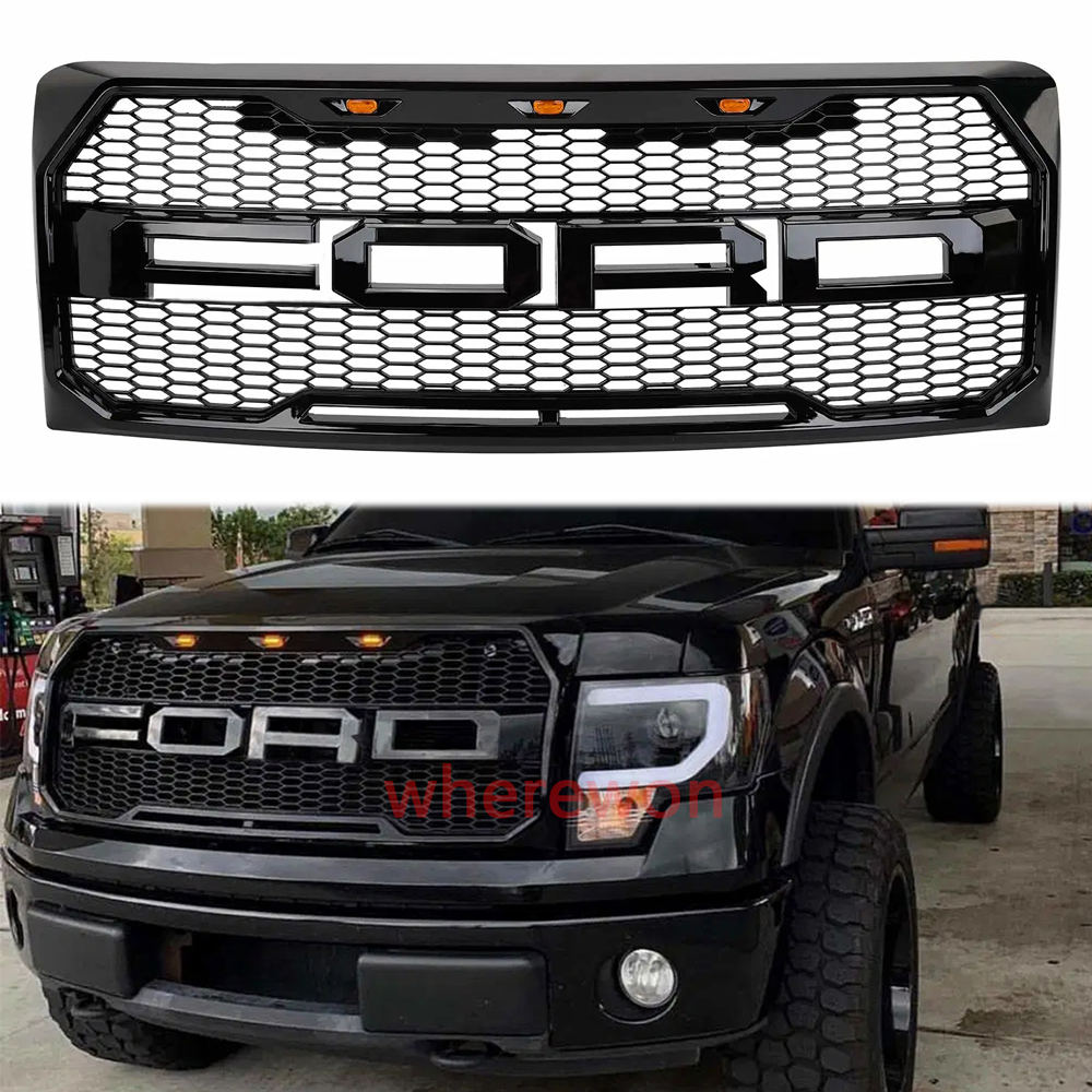 [Black Friday Deals] Front Grille For 2009-2014 Ford F150 Raptor Style Grill with LED Light Glossy Black