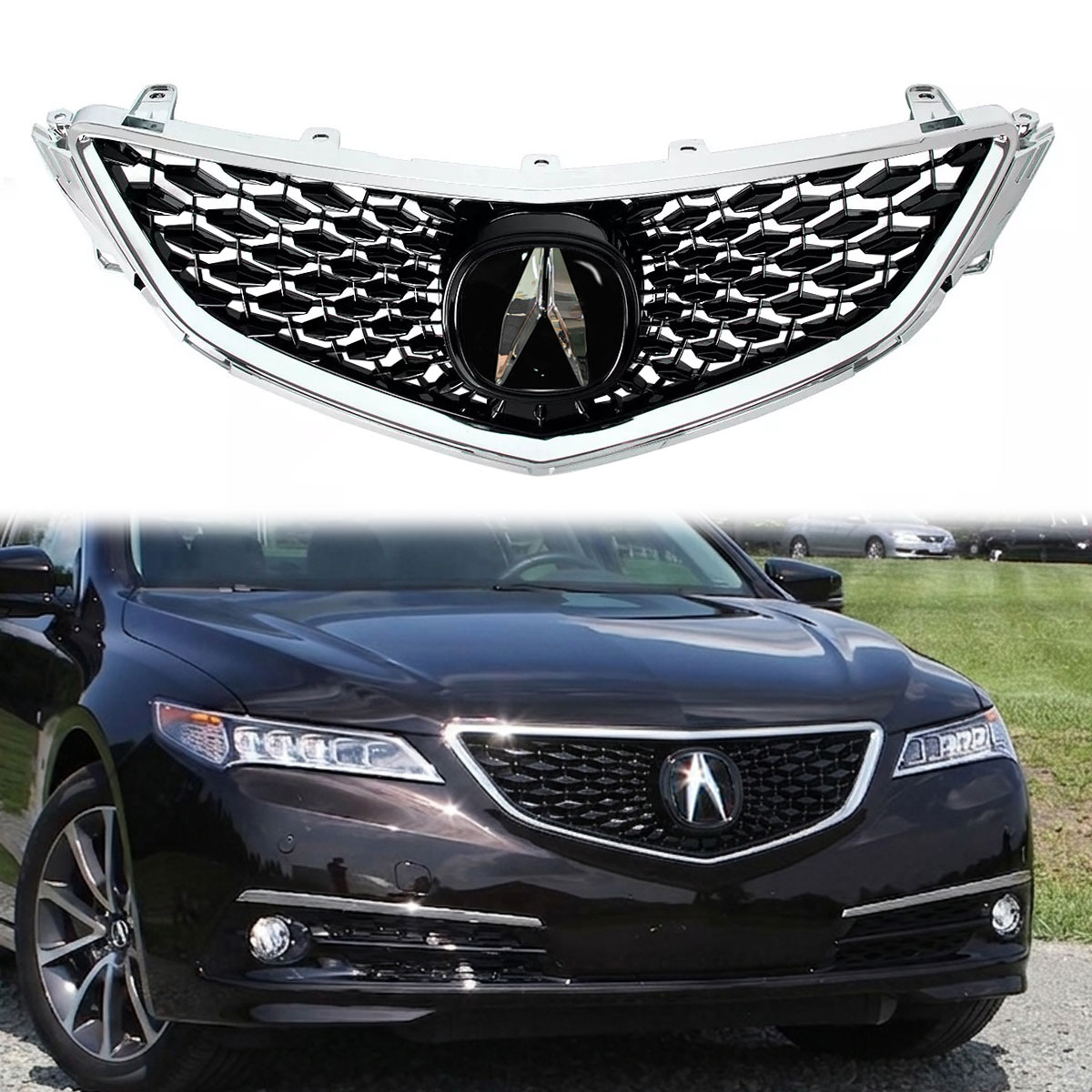 For 2015-2017 Honda Acura TLX Grille Upgrade Grill with Emblem Chrome + Glossy Black 