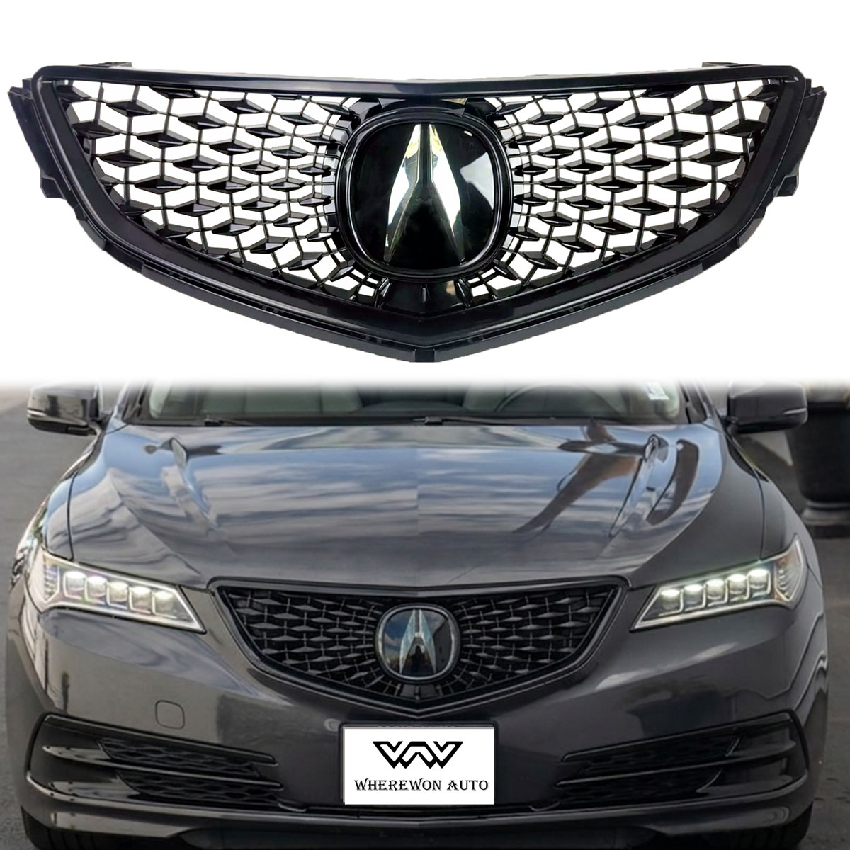 For 2015-2017 Honda Acura TLX Upgrade Grill with Emblem Grille Glossy Black