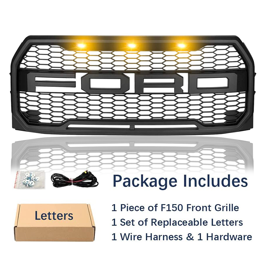 Raptor Style Grill For 2015 2016 2017 FORD F-150 Matte Black Front Grille W/LED