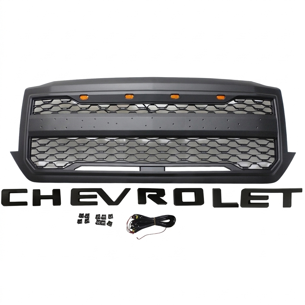  For 2016 2017 2018 Chevrolet Silverado 1500 Front Grille Upper Grill with LED Light Matte Black