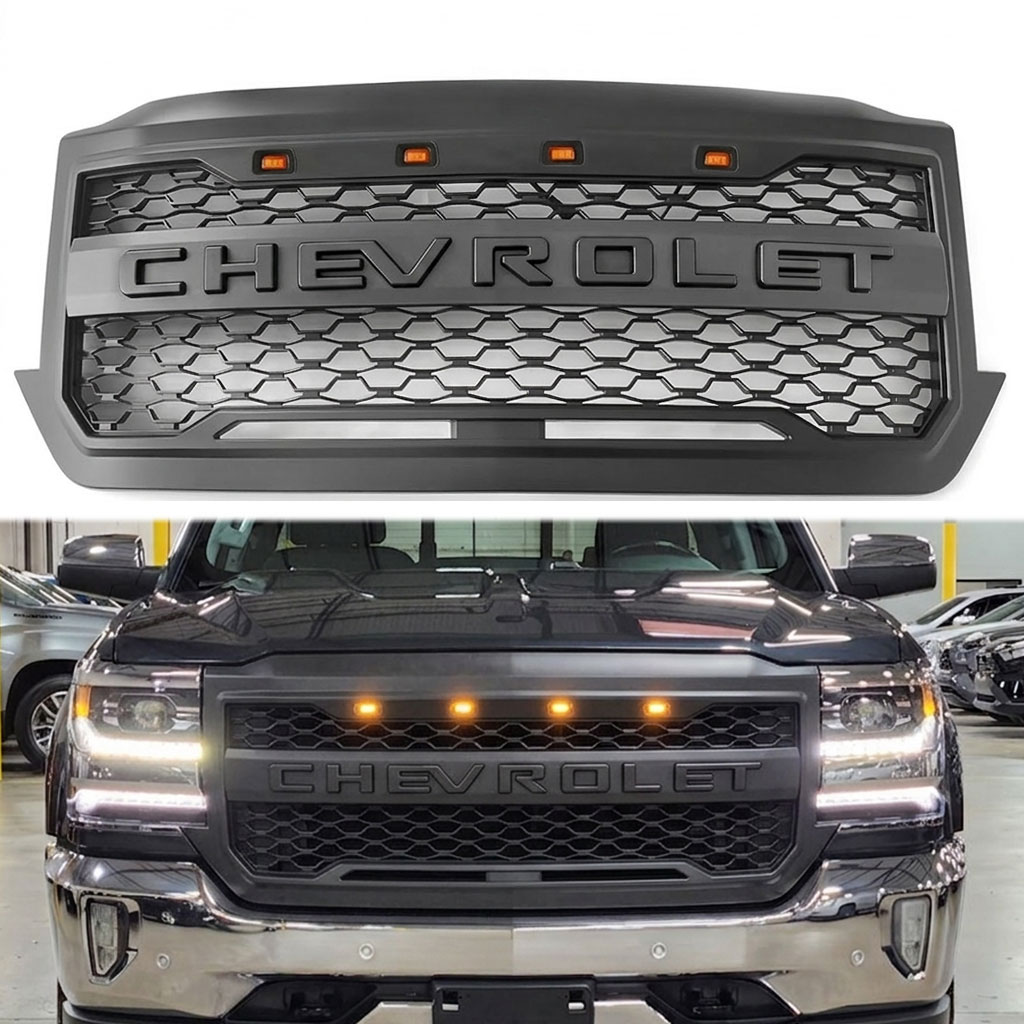 For 2016 2017 2018 Chevrolet Silverado 1500 Front Grille Matte Black Grill with LED Light 