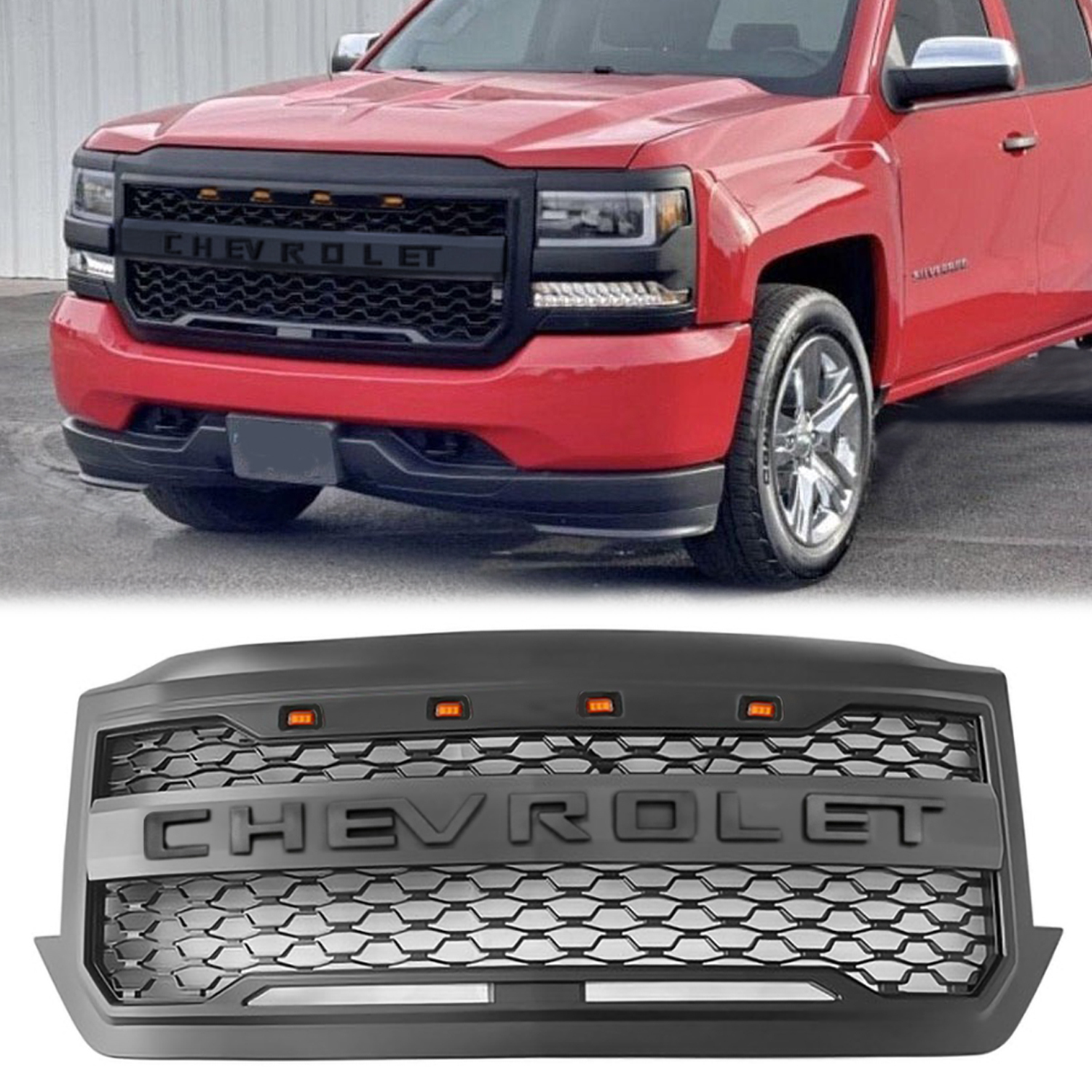 For 2016-2018 Chevrolet Silverado 1500 Front Grille Upper Grill with LED Light Matte Black