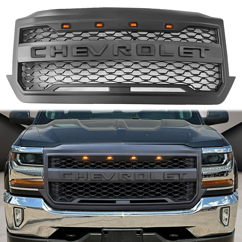  For 2016 2017 2018 Chevrolet Silverado 1500 Front Grille Upper Grill with LED Light Matte Black