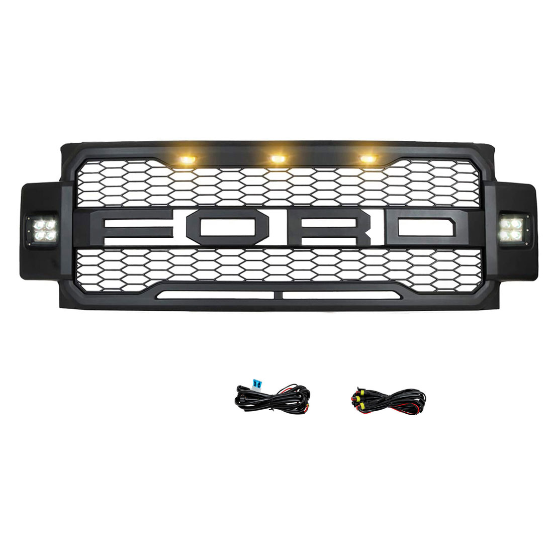 For 2017-2019 Ford F250 F350 Super Duty Raptor Style Grill Front Grille With LED Light Matte Black