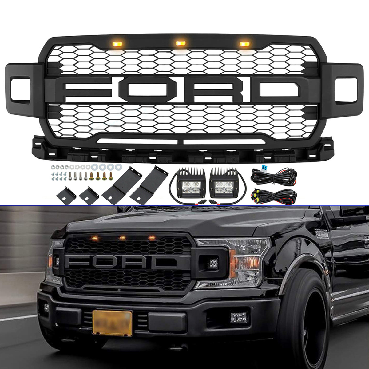 For 2018 2019 2020 Ford F150 Grill Raptor Style Front Grille With Lights and Letter