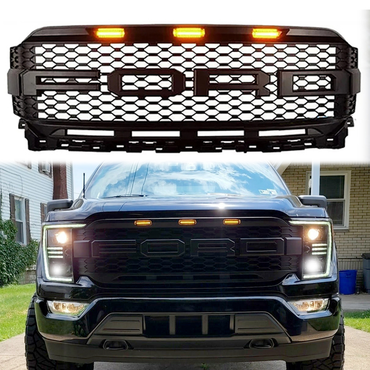 For 2021-2023 Ford F150 Grill Raptor Style Front Grille With Amber Light & Letter