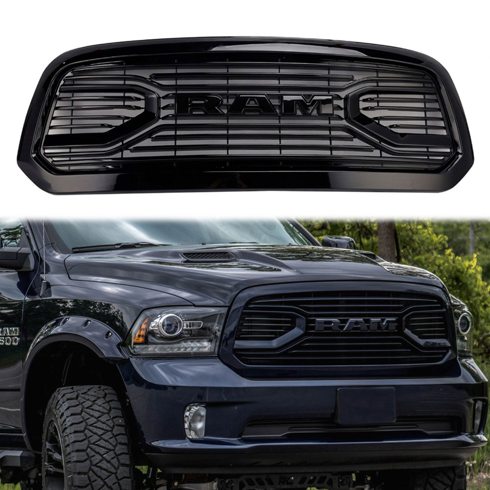 For 2013-2018 Dodge Ram 1500 Grill Big Horn Style Front Grille with Letter  Glossy Black
