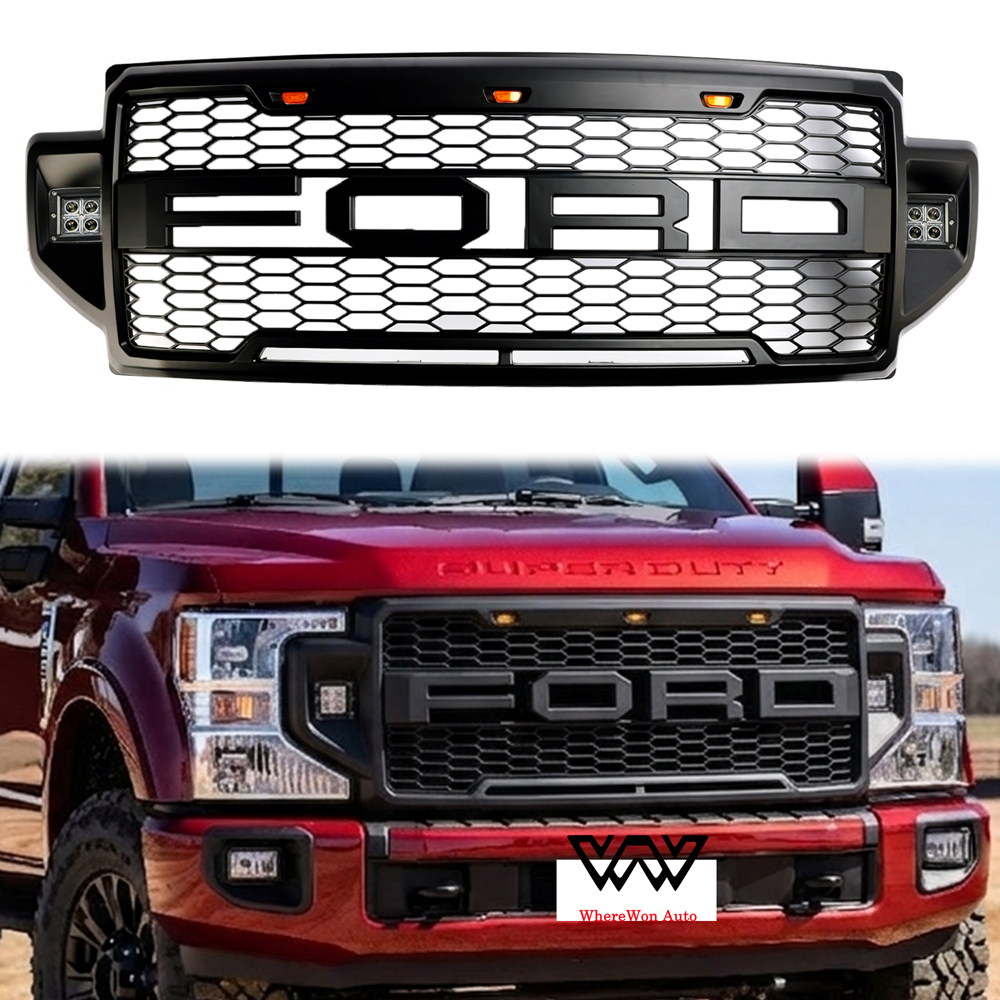 For 2020-2022 Ford F250 F350 F450 F550 Super Duty Grill Raptor Style Front Grille W/ 3+2 LED Lights Matte Black