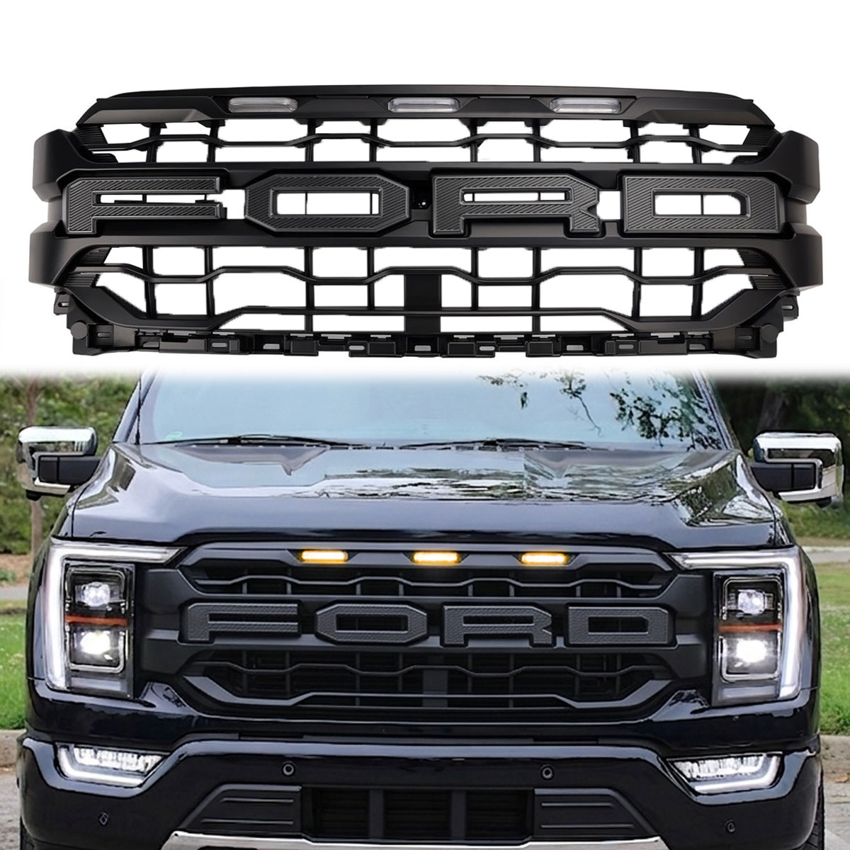 For 2021-2023 Ford F150 Front Grill Upgraded 2024 Raptor Look Grille Hood Mesh With Letter & LED Light