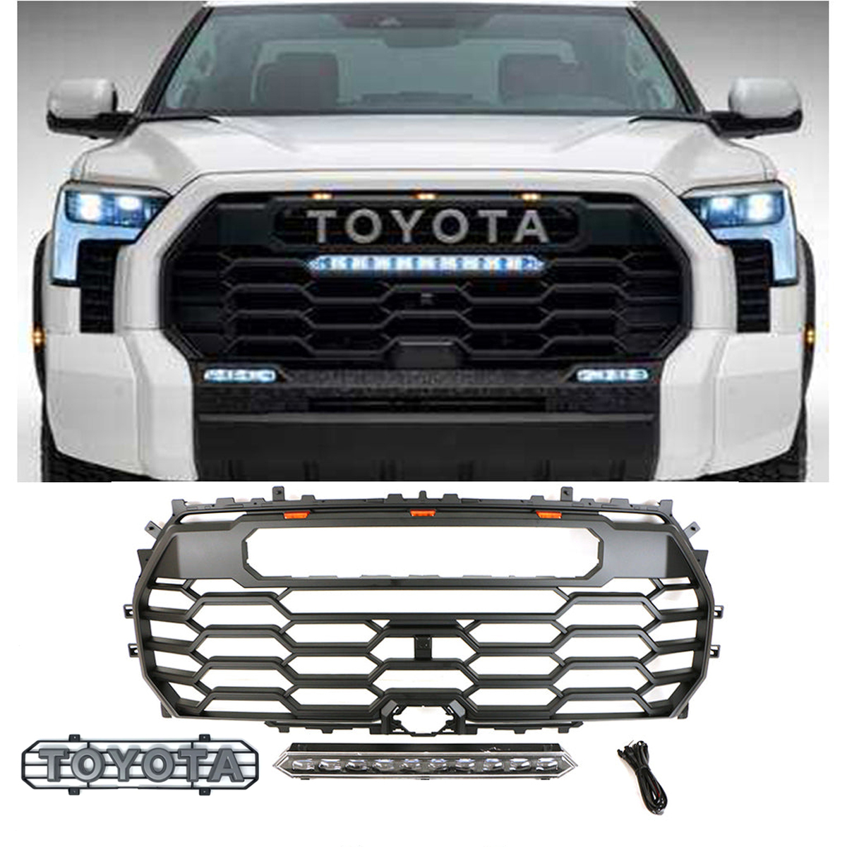 For 2022-2023 Toyota Tundra TRD PRO Front Bumper Grille Grill W/ LED Lights Matte Black