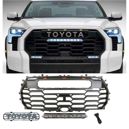 For 2022-2023 Toyota Tundra TRD PRO Front Bumper Grille Grill W/ LED Lights Matte Black