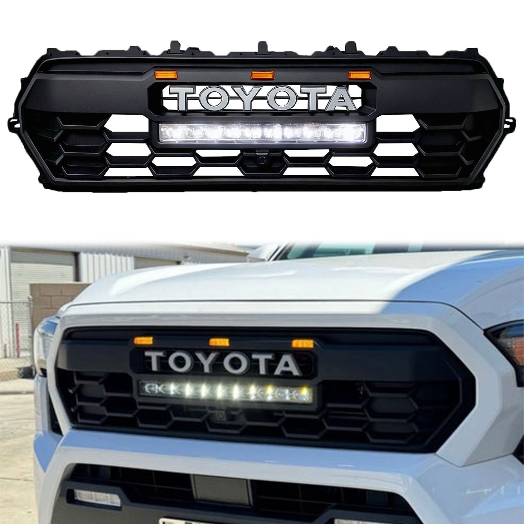 For 2024-2026 Toyota Tacoma Grill TRD Pro Style Front Grille With Letter & LED Light Bar