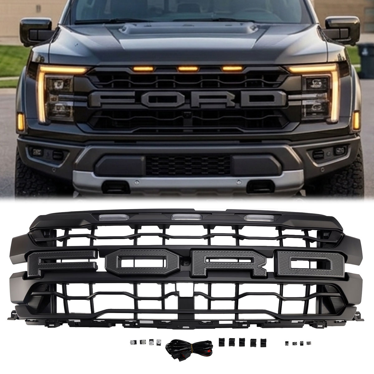 Grille For 2024 2025 Ford F150 Raptor R Front Grill Mesh With Letter & LED Light