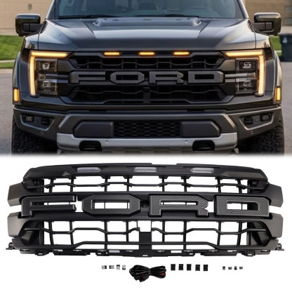 Grille For 2024 2025 Ford F150 Raptor R Front Grill Mesh With Letter & LED Light