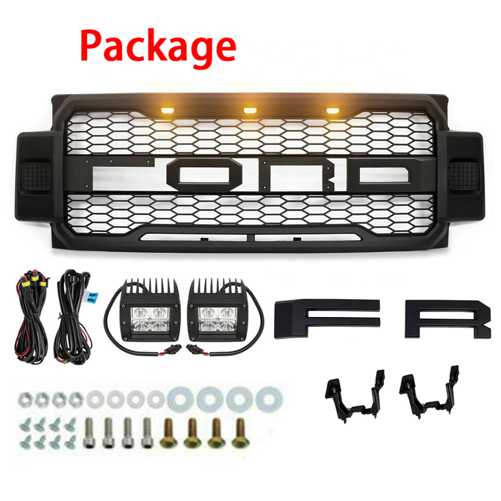 For 2017-2019 FORD F250 F350 Super Duty Raptor Style Grill Front Grille W/LED Matte black