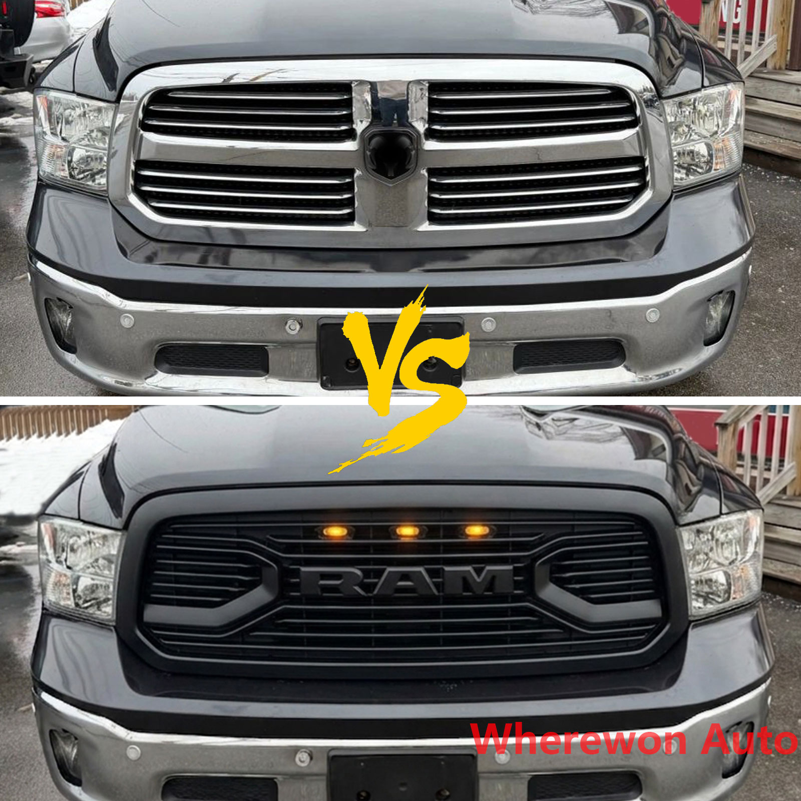 For 2013-2018 Dodge Ram 1500 Grill Big Horn Style Front Grille with LED Light Matte Black