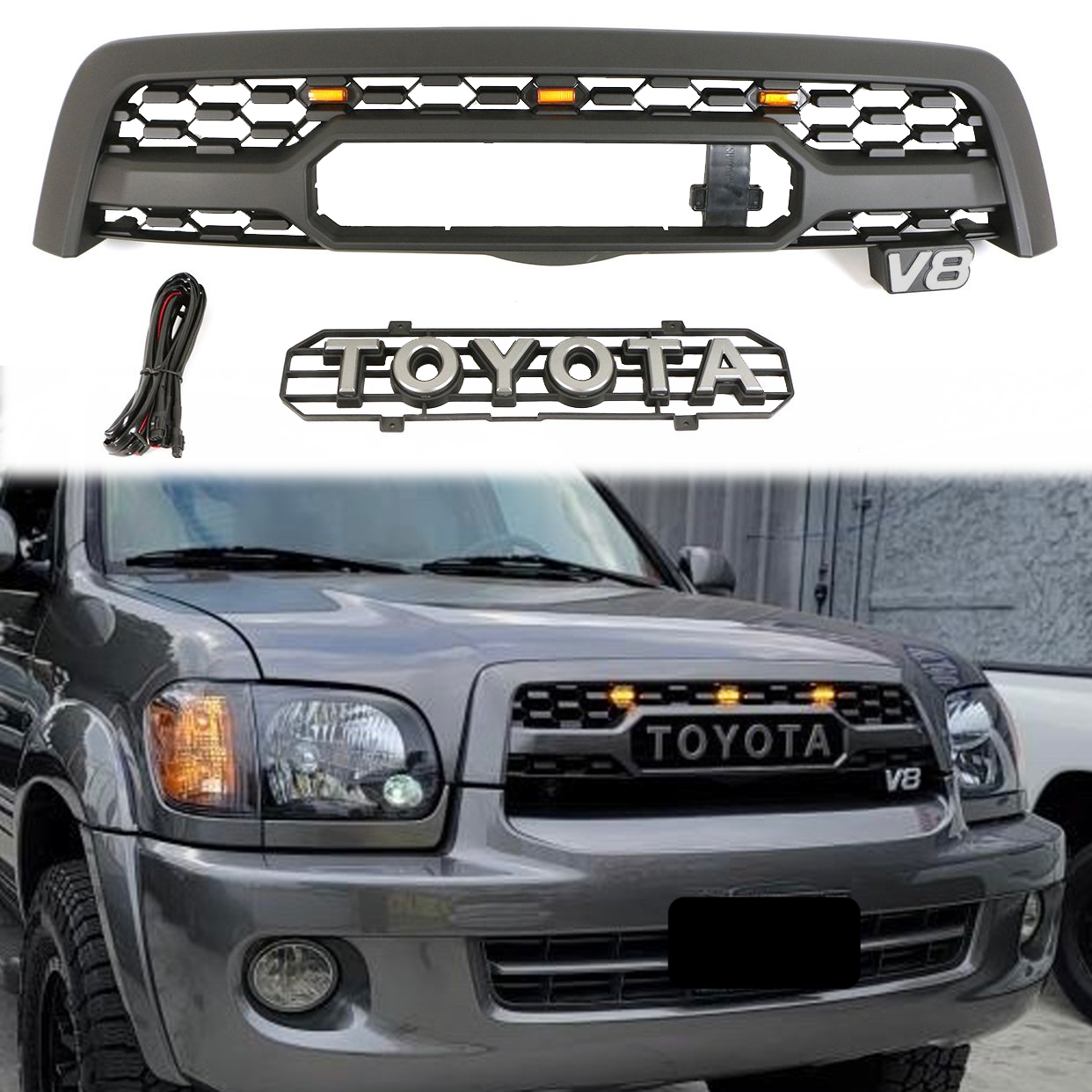 For 2005-2007 Toyota Sequoia Grille Matte Black Front Grill W/ Letters & LED Lights