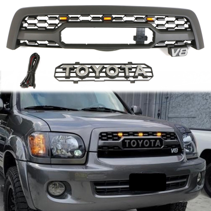 For 2005-2007 Toyota Sequoia Grille Matte Black Front Grill W/ Letters & LED Lights