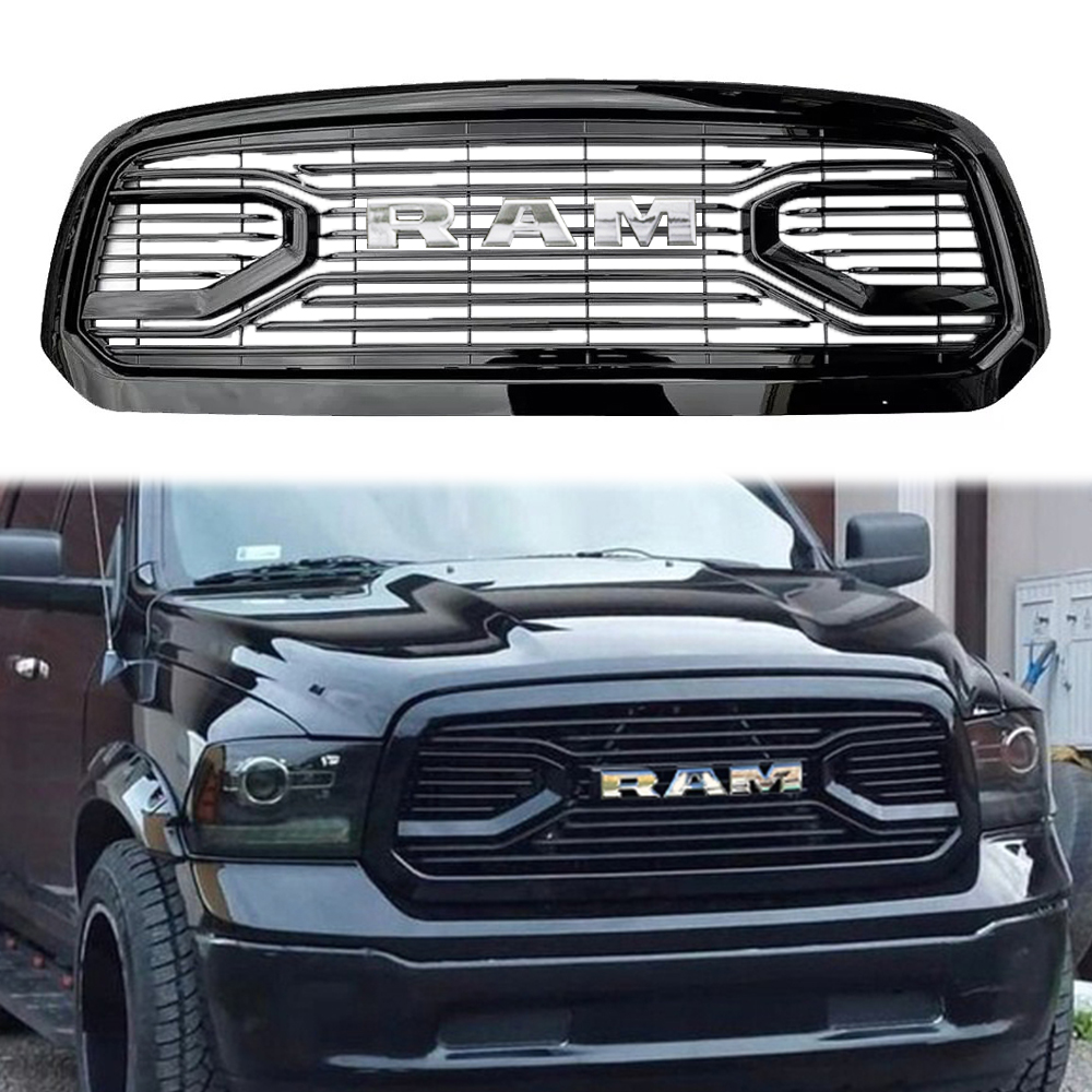 For 2013-2018 Dodge Ram 1500 Front Grille Big Horn Style Grill Glossy Black + Letter Chrome