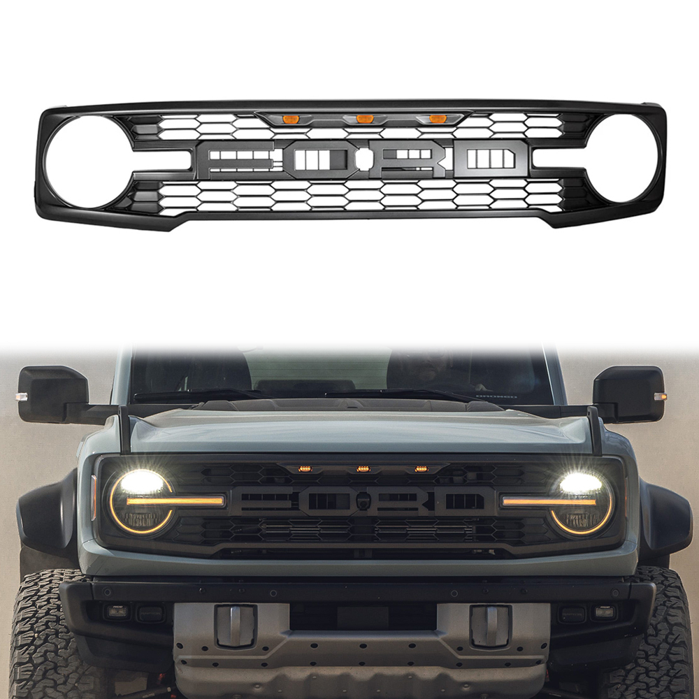 Front Grille For 2021-2023 Ford Bronco Raptor Style Bumper Grill With LED Lights Matte Black